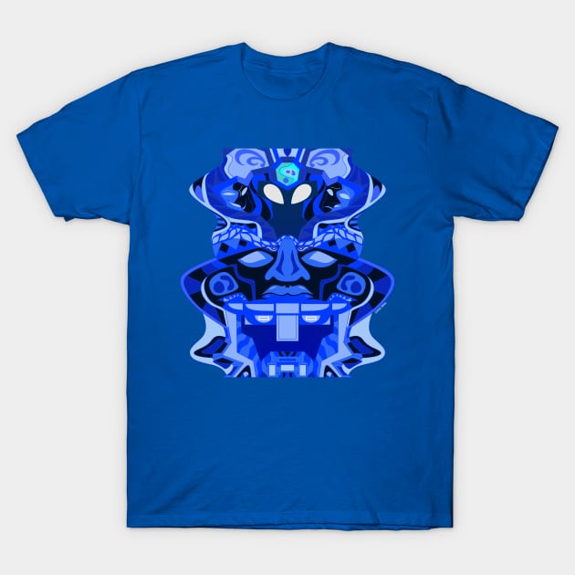 olmec alien totem with robotic mexican patterns in gemini cloth T-Shirt by jorge_lebeau